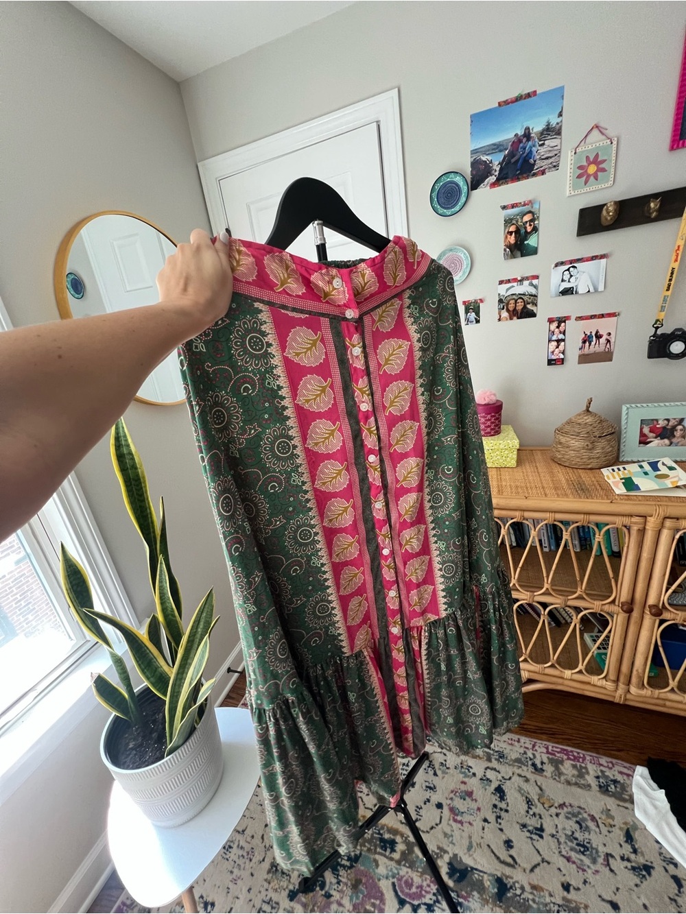 Boho Maxi Skirt in Green and Pink Floral Print